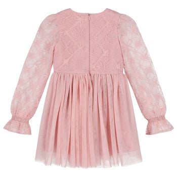 Girls Pink Petal Embroidered Tulle Dress