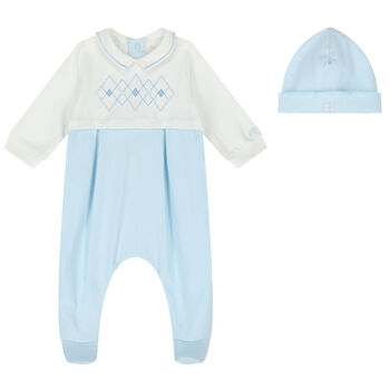 Baby Boys White & Blue Embroidered Babygrow Set