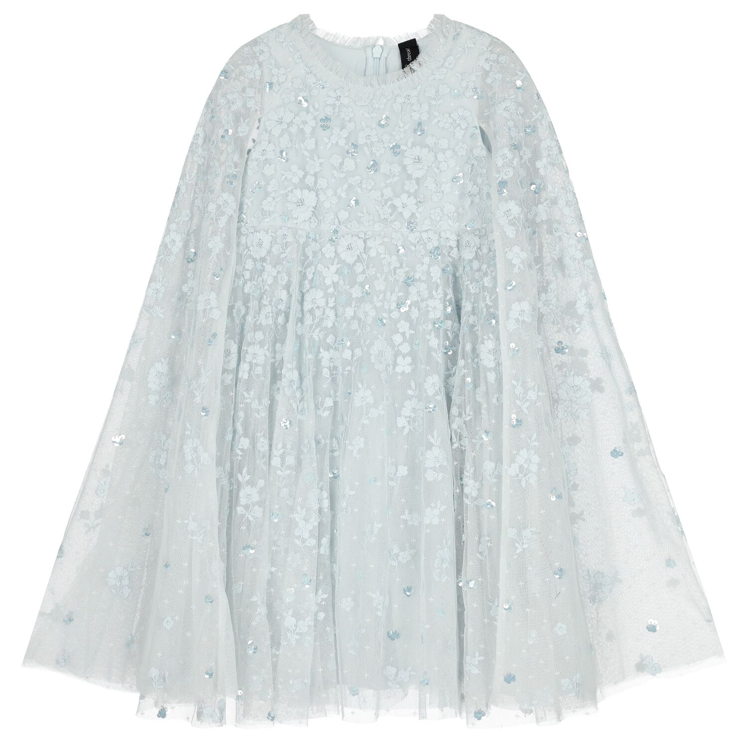 Girls Blue Sequin & Flower Tulle Cape Dress, 1, hi-res