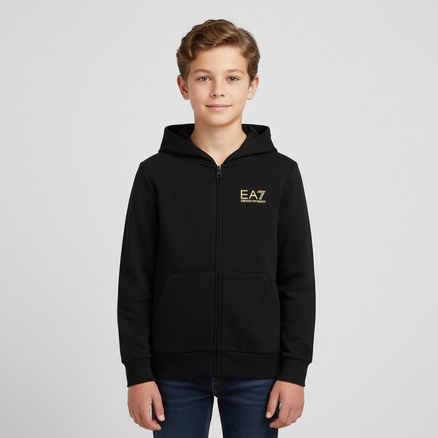 Boys Black Logo Hooded Zip Up Top, 1, hi-res