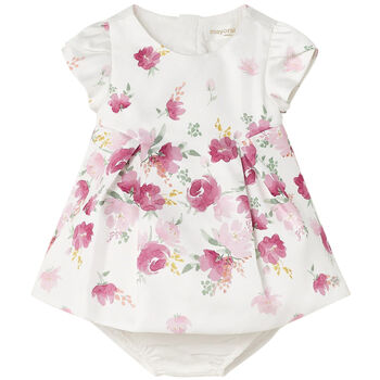 Baby Girls White & Pink Floral Satin Dress Set