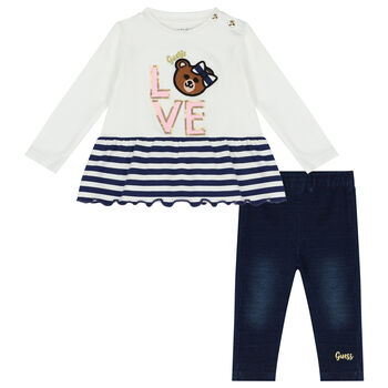 Baby Girls White & Blue Trousers Set