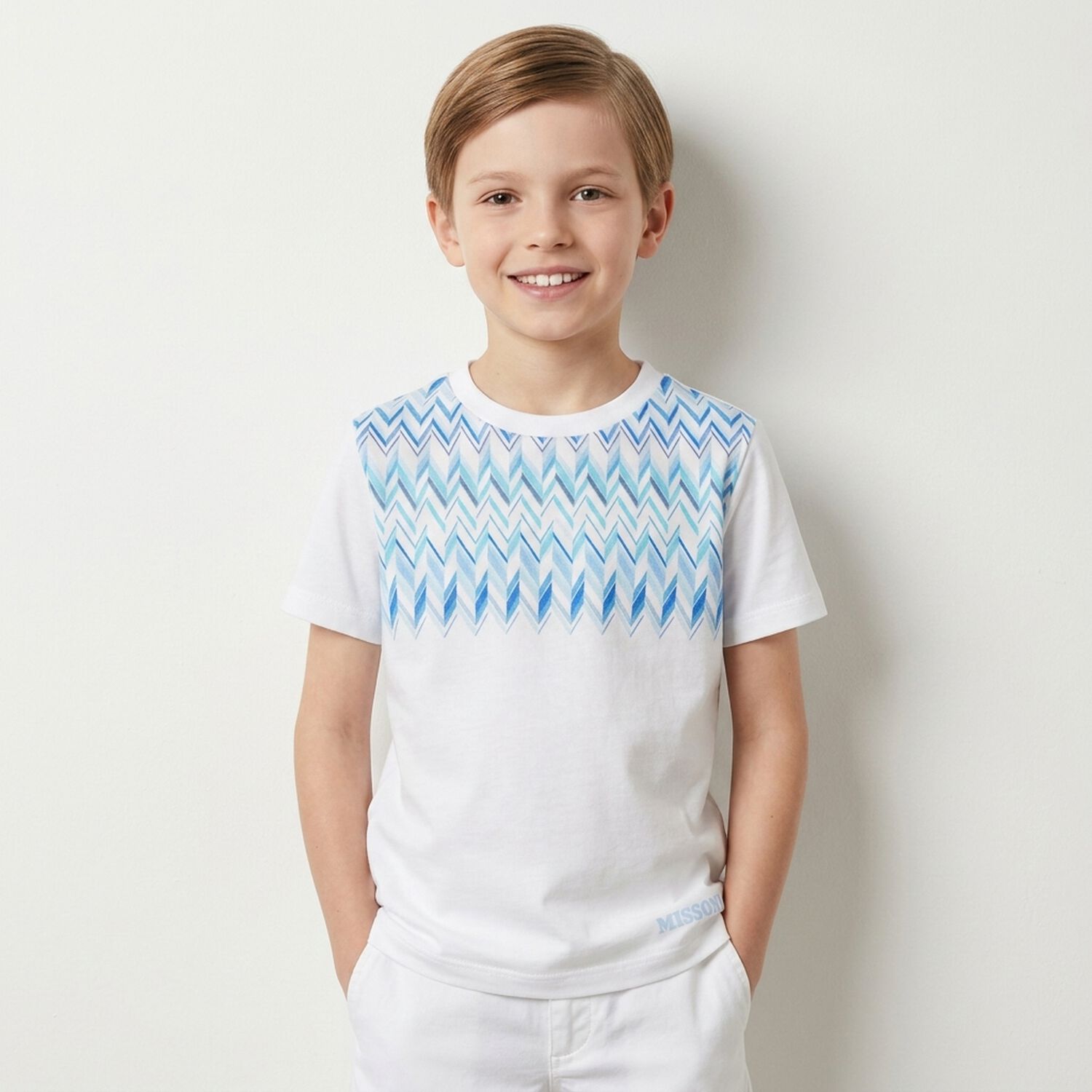 Younger Boys White & Blue Zig Zag T-Shirt, 1, hi-res
