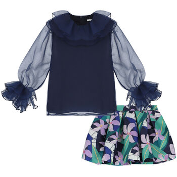 Girls Navy Blue & Green Floral Skirt Set