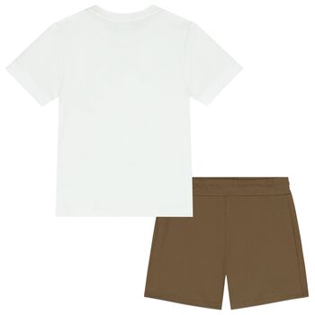 Younger Boys White & Beige Logo Shorts Set