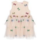 Girls Beige Bow Tulle Dress, 1, hi-res