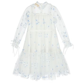 Girls White & Blue Floral Tulle Dress 
