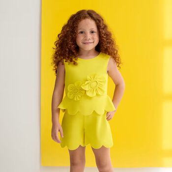 Girls Yellow 3D Flowed Crepe Playsuit