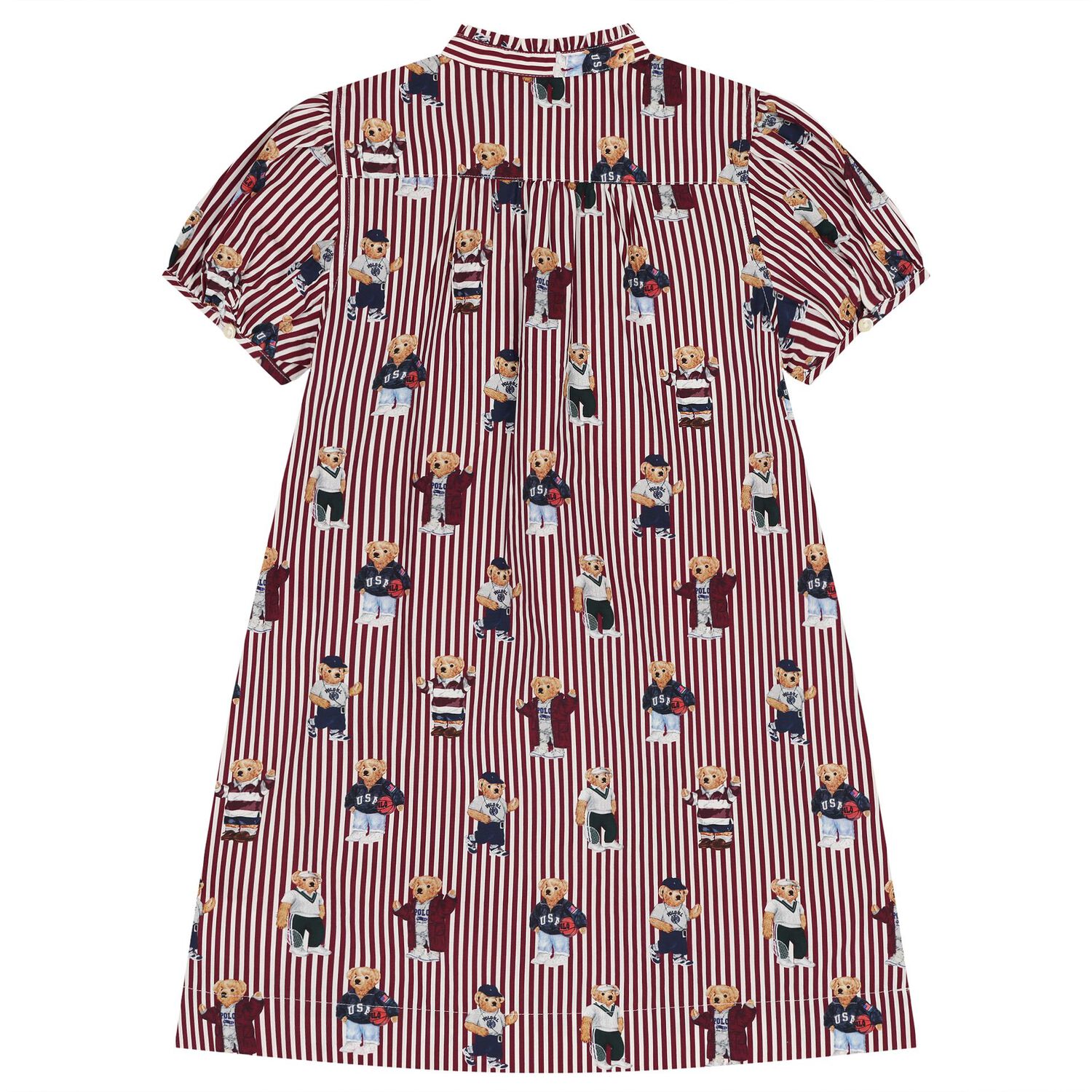 Girls White & Red Polo Bear Striped Dress, 1, hi-res