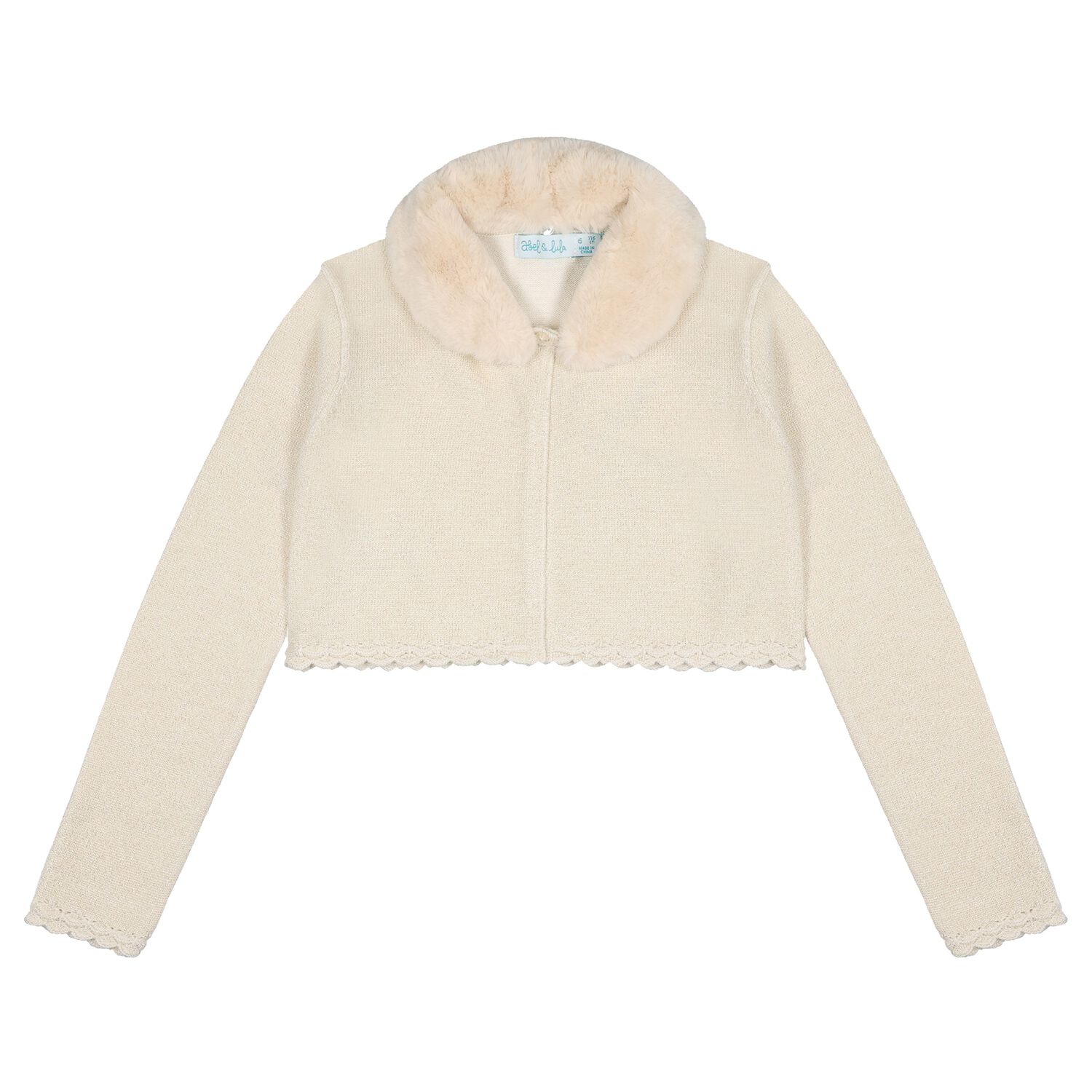 Girls Beige Faux Fur Collar Cardigan, 2, hi-res