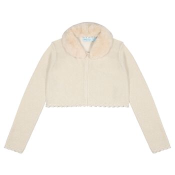 Girls Beige Faux Fur Collar Cardigan