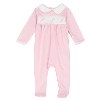 Baby Girls Pink & White Smocked Babygrow