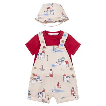 Baby Boys Red & Ivory Dungaree & Hat Set