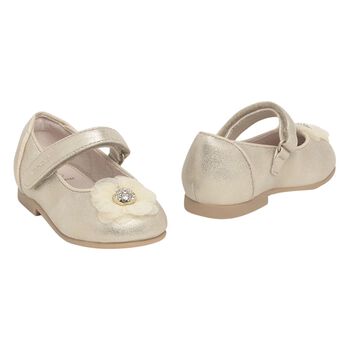 Younger Girls Gold Diamante Flower Shoes