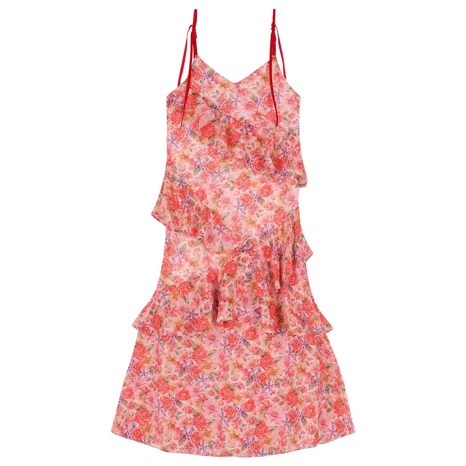 Girls Pink Floral Ruffle Maxi Dress, 1, hi-res