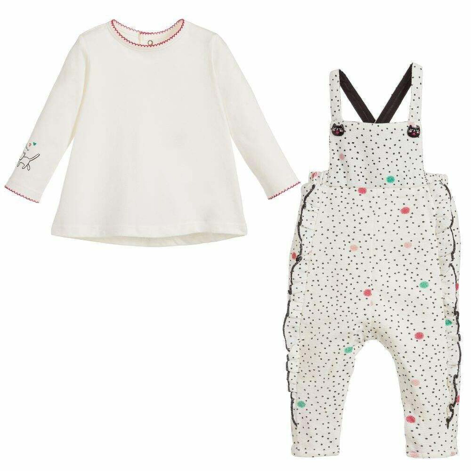 Baby Girls Ivory Dungaree Babygrow, 1, hi-res