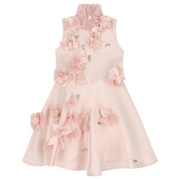 Girls Pink 3D Flowers Satin Dress