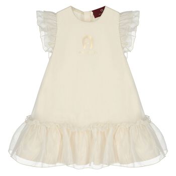 Younger Girls Beige & Gold Ruffled Dress