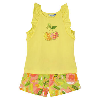 Girls Yellow Embroidered Shorts Set