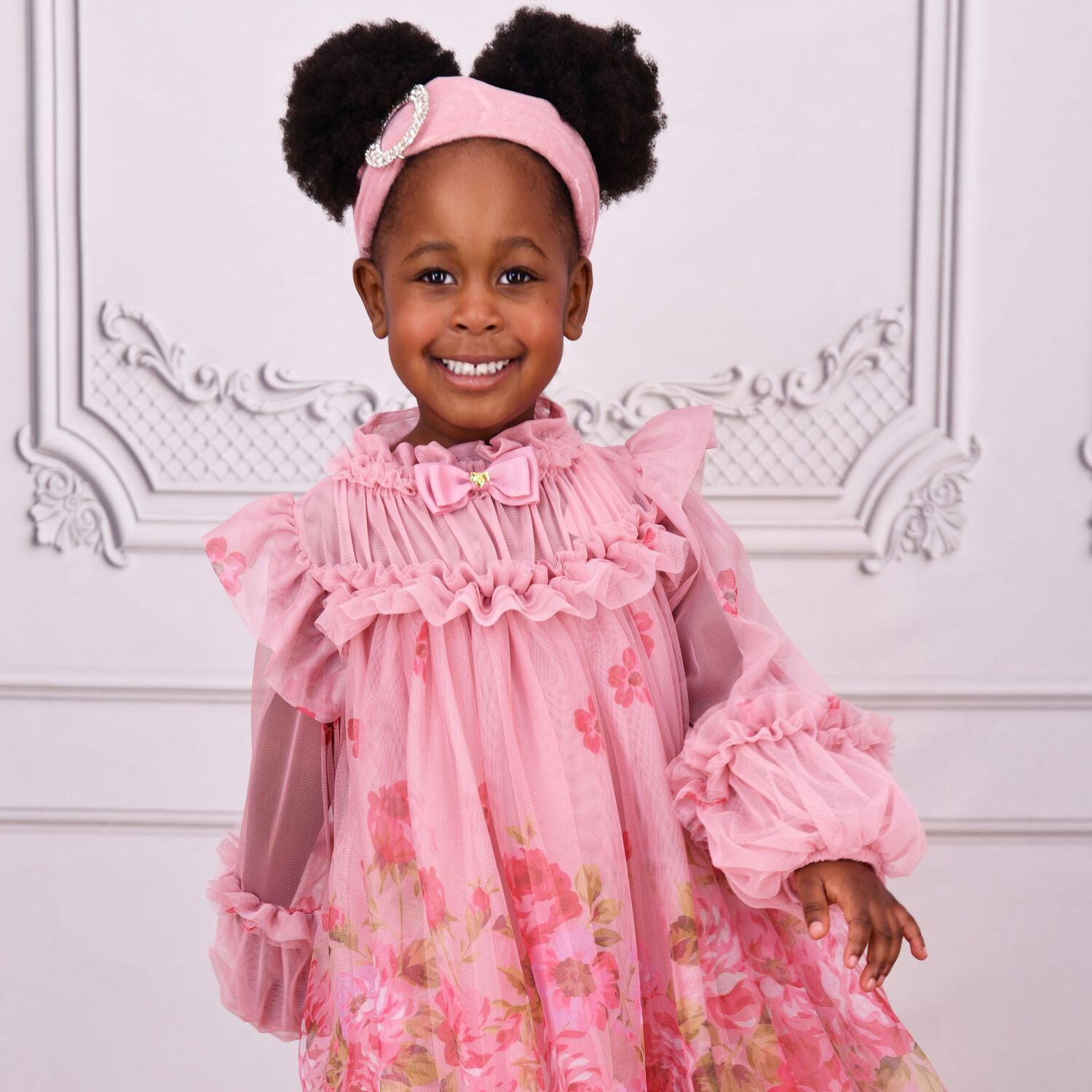 فستان بنات من التول مزين بورد باللون الوردى, 2, hi-res