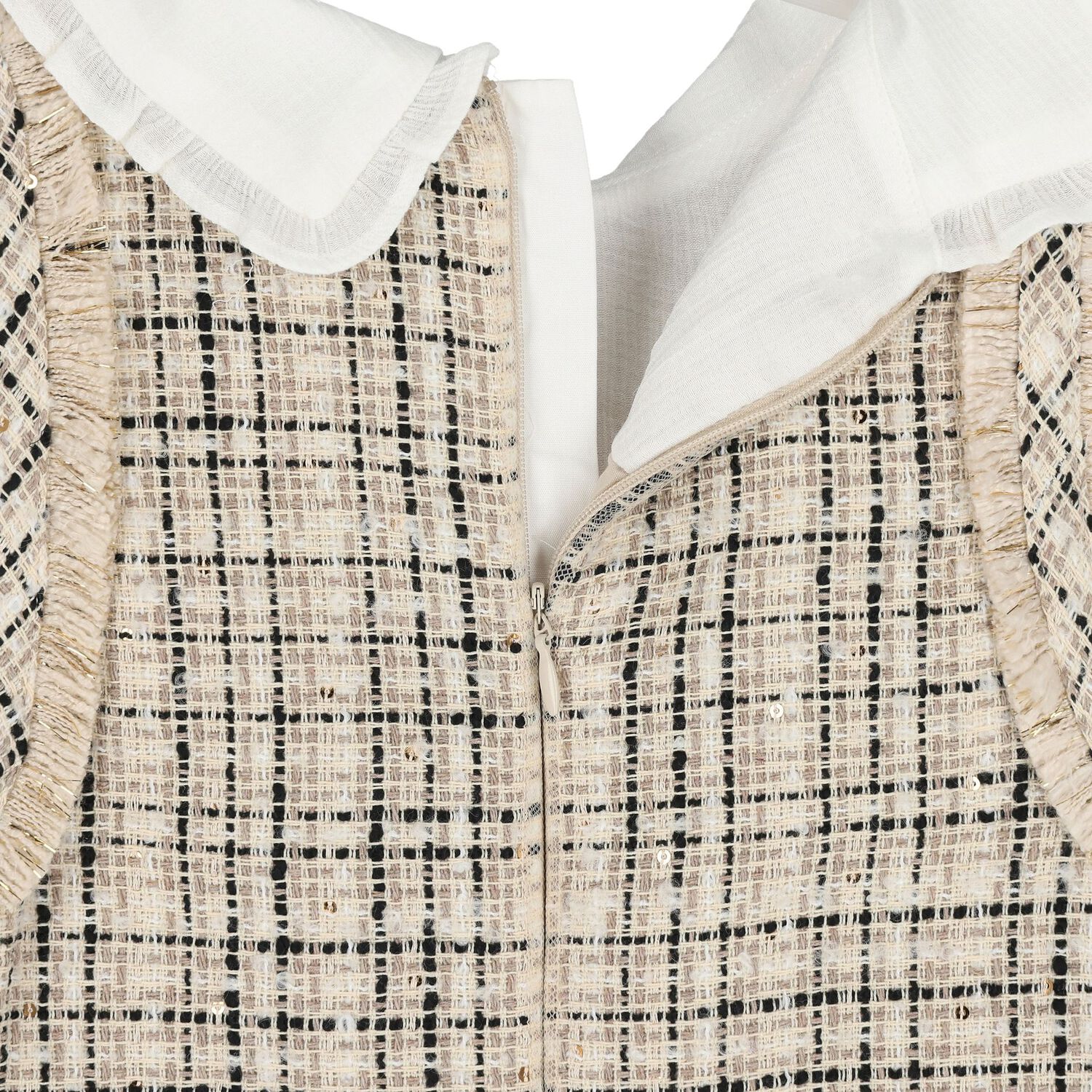 Girls Beige & White Tweed Pinafore Dress, 1, hi-res