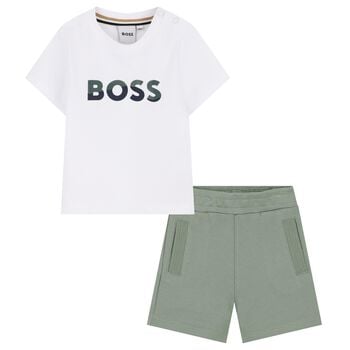 Younger Boys Mini Me White & Green Logo Shorts Set