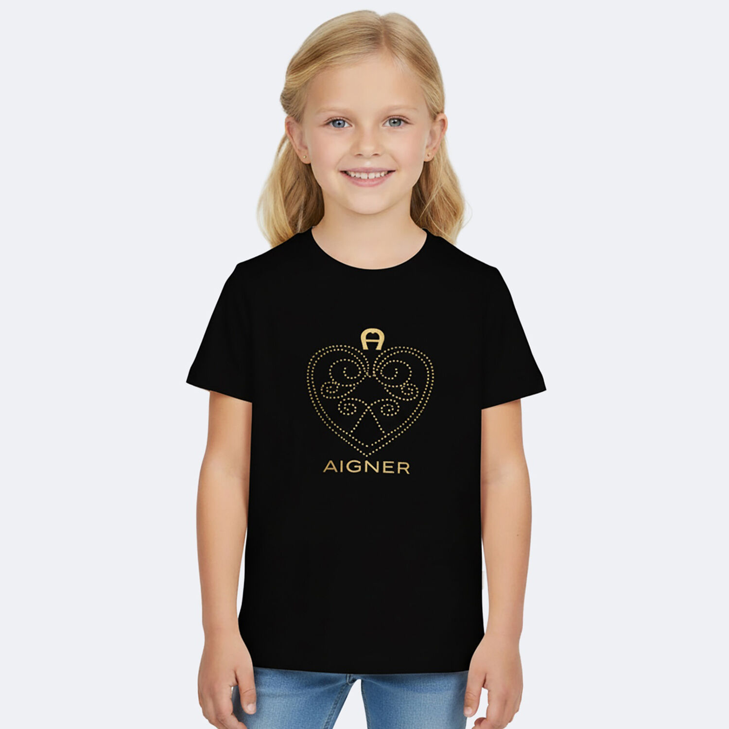 Girls Black & Gold Heart Logo T-Shirt, 2, hi-res