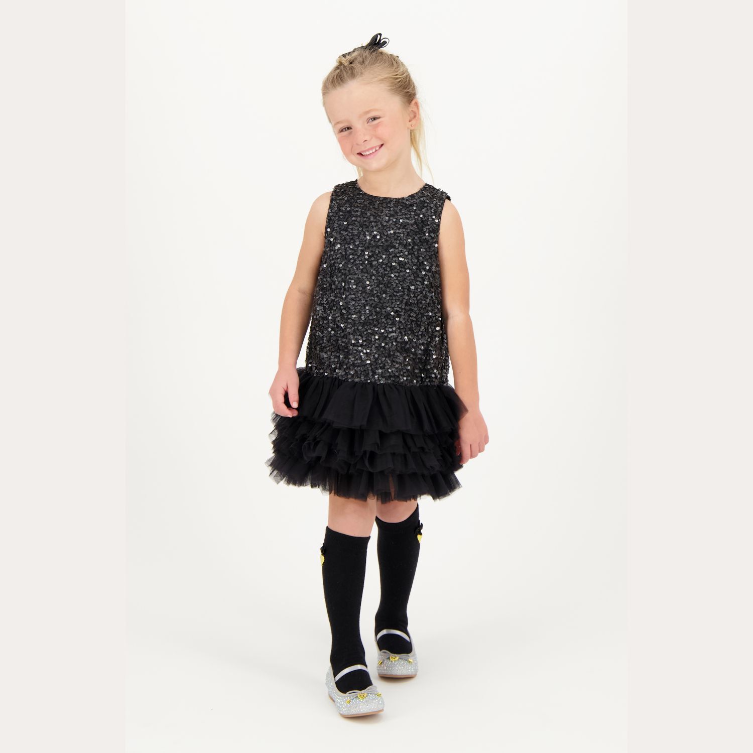 Girls Black Embellished Sequins Tulle Dress, 1, hi-res image number null