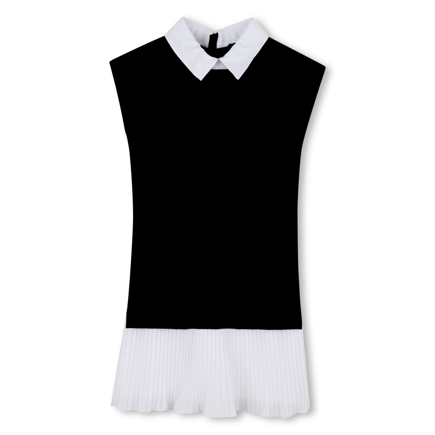 Girls Black & White Pleated Crepe Dress, 1, hi-res