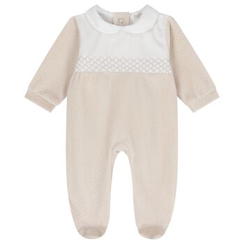 Baby Boys White & Beige Dot Babygrow