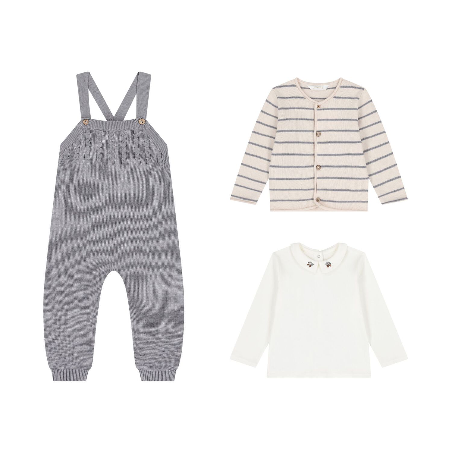 Baby Boys White, Beige & Grey Knitted Dungaree Set ( 3 Piece ), 1, hi-res
