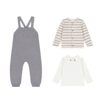 Baby Boys White, Beige & Grey Knitted Dungaree Set ( 3 Piece )