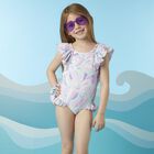 Girls Aqua & Purple Printed Swimsuit, 1, hi-res
