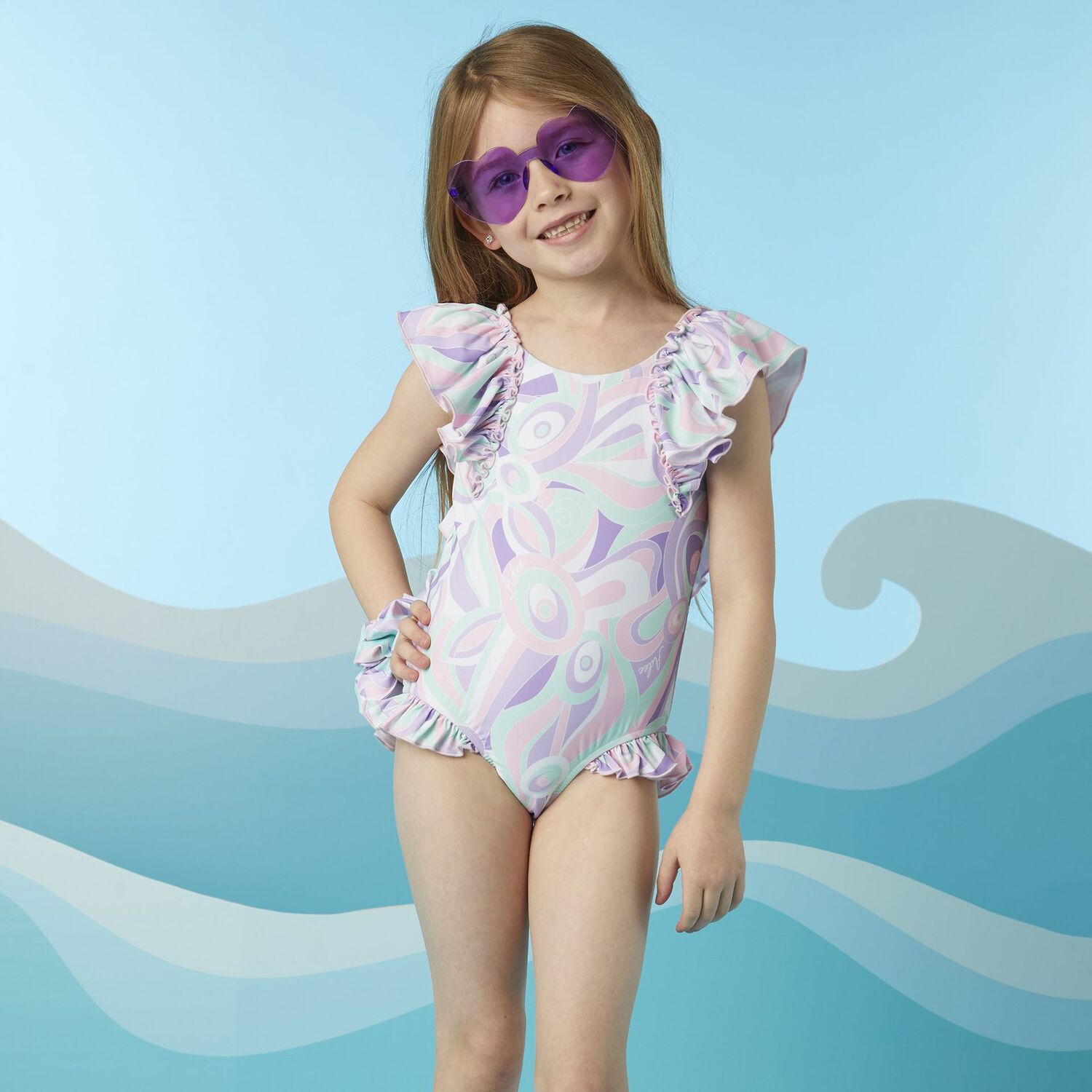 Girls Aqua & Purple Printed Swimsuit, 1, hi-res