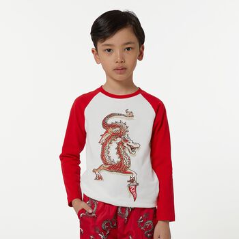 Boys Ivory & Red Dragon Long Sleeve Top