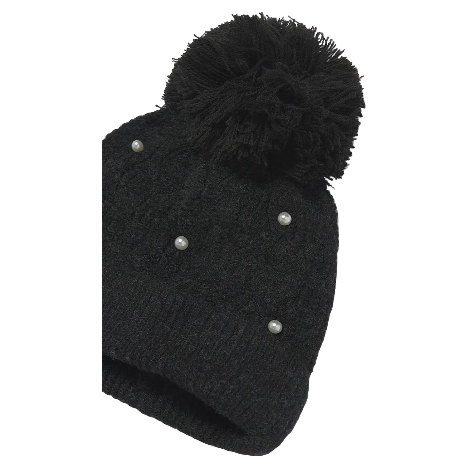 Girls Black Embellished Knitted Beanie Hat, 2, hi-res