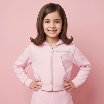 Girls Pink Logo Hooded Zip Up Top