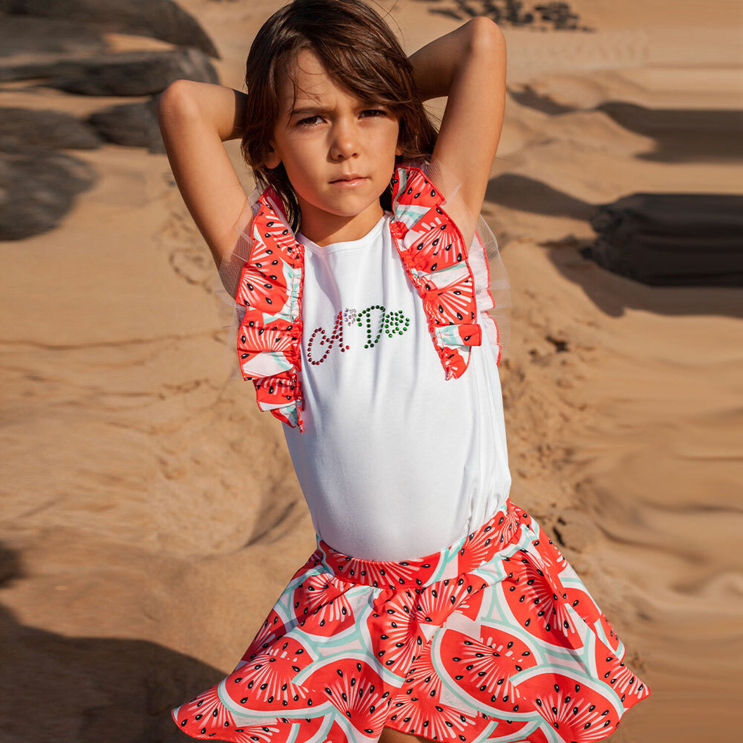 Girls White & Red Watermelon Skort Set, 1, hi-res