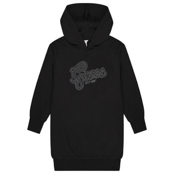 Girls Black Embellished Logo Hooded Dress