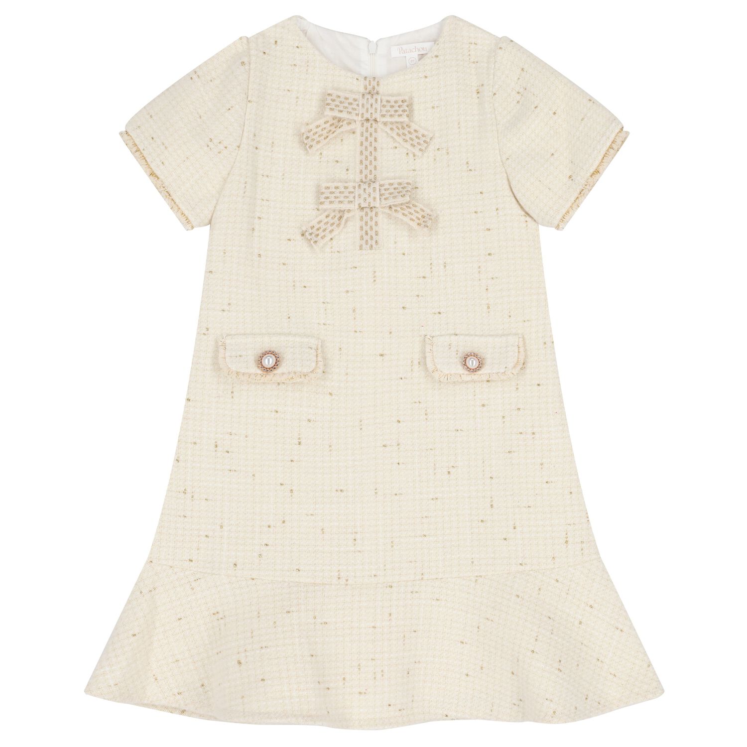 Girls Ivory & Gold Tweed Bow Dress, 1, hi-res