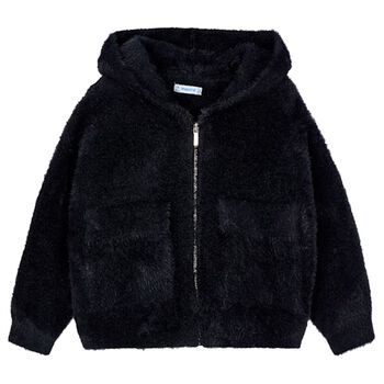 Girls Black Fluffy Knit Hooded Zip Up Top