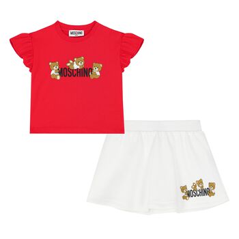 Younger Girls Red & White Teddy Bear Logo Skirt Set
