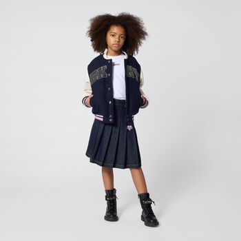 Girls Navy Blue Logo Denim Pleated Skirt