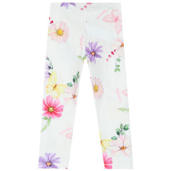 Girls White Floral Leggings