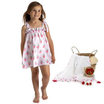 Girls White & Pink Gingham Strawberries Beach Dress