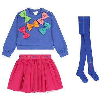 Girls Blue & Pink Bow Skirt Set