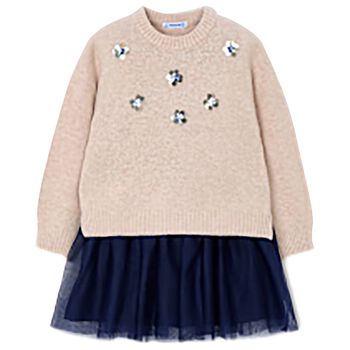 Girls Beige & Navy Blue Tulle Dress Set