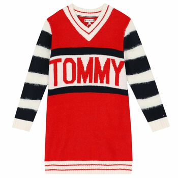 فستان محبوك بالشعار باللون الاحمر