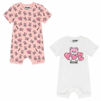 Baby Girls White & Pink Teddy Logo Rompers (2 Pack)