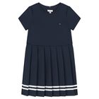 Girls Navy Blue Logo Pleated Dress, 1, hi-res